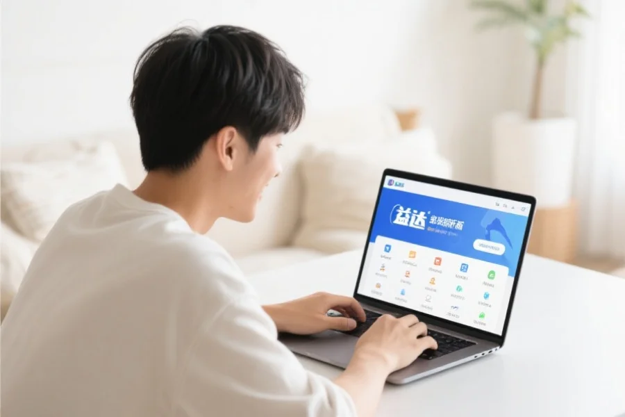 一位年轻用户在明亮舒适的室内环境中愉快地使用笔记本电脑，屏幕上展示盛世客户端新版界面